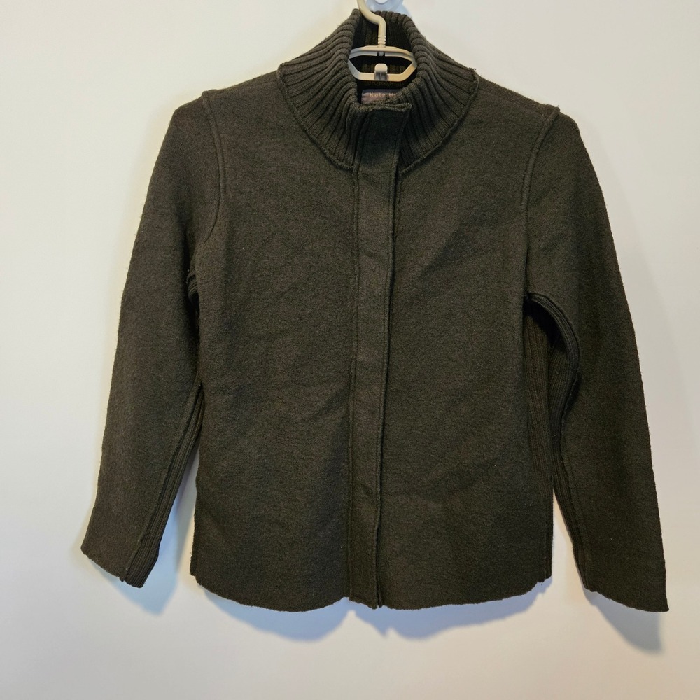 Womens Mock Neck Sweater Small Olive Green 100% Wool Snap Front Gorpcore Office
